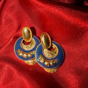 Vintage Gold Tone Navy Blue Enamel Statement Drop Earrings Baroque Fruit Motif